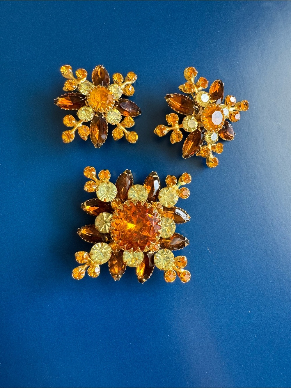 Vintage Judy Lee Amber Crystal Floral Brooch and Earring Set